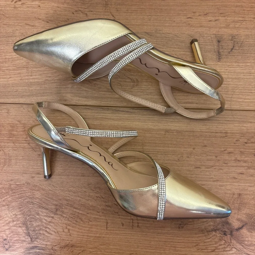 NINA Nela Slingback Pointed Toe Pumps In Platino Gold Women Size 10 Formal Party